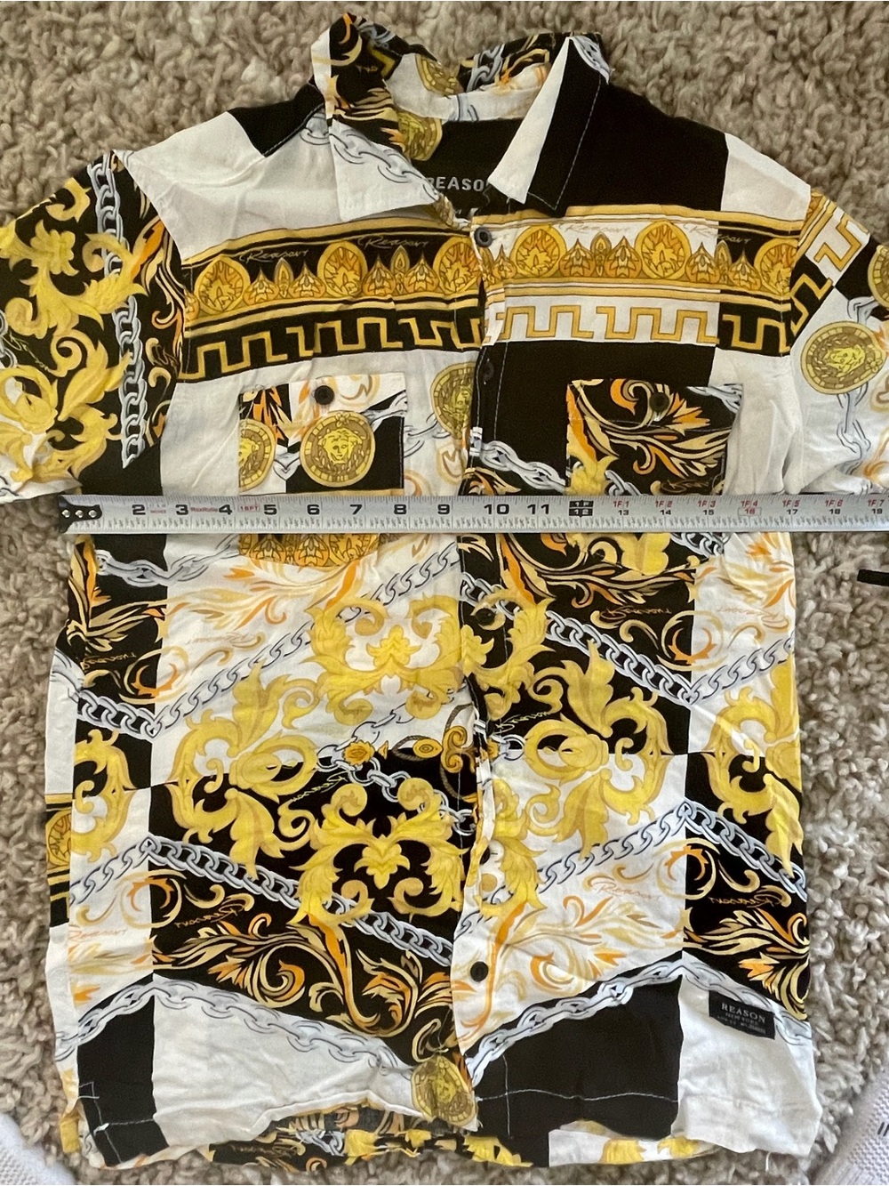 Reason Mens Patterned Button-Up Shirt With Gold & Black Medallion Design Size M - Picture 10 of 11